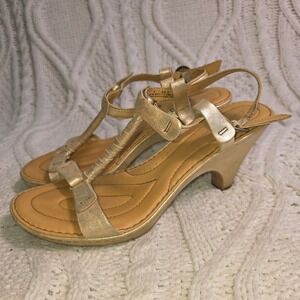 Born Crown T-Strap Woven Gold Metallic Leather Wedge Sandals Womens 9